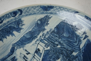 A 19th century Chinese blue and white dish, 37.5cm diameter. Condition - some glazing pitting in manufacture